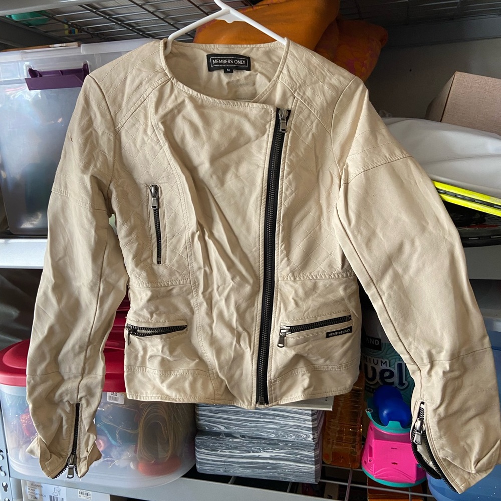 Members Only faux leather jacket Sz M. Couple of tiny rips-sleeve/back of neck.